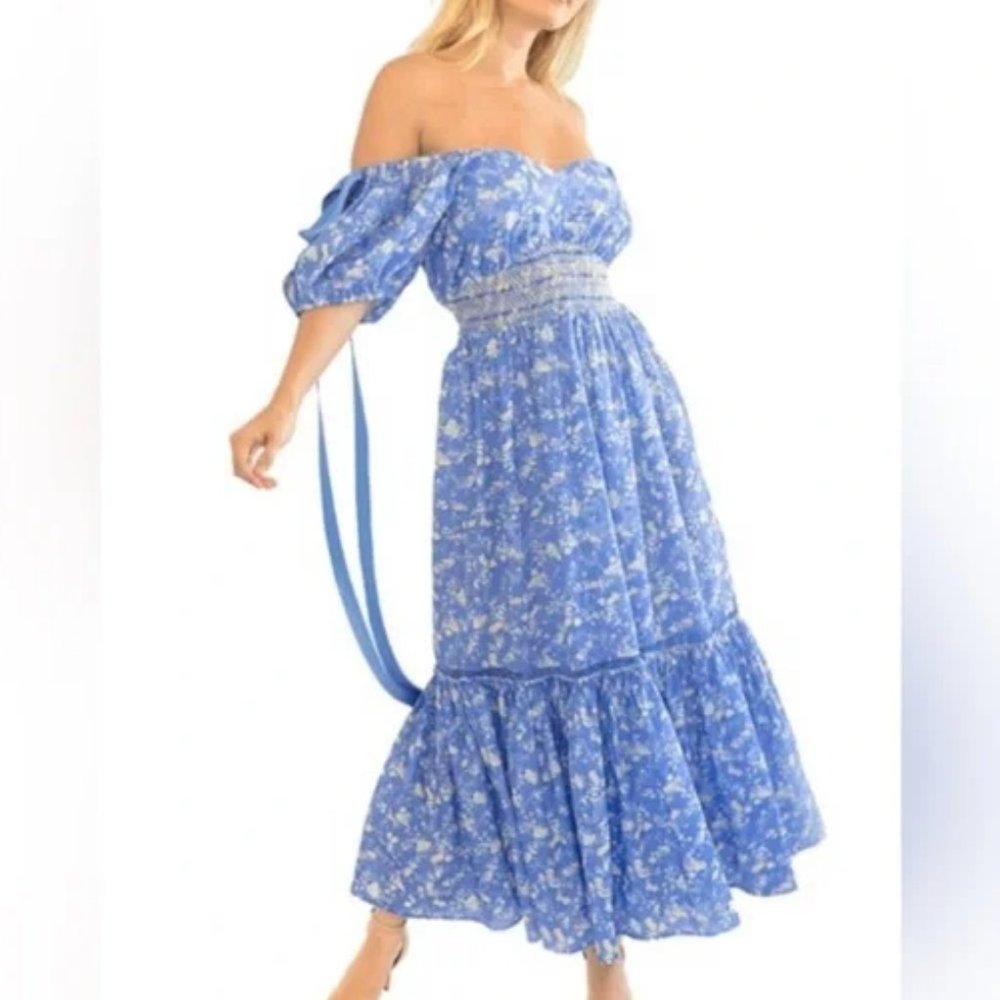 LoveShackFancy Angie Short Sleeve Floral Maxi Dress, Women's Size 4 - Blue Jay - Picture 2 of 13